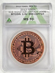 2012 Crypto Physical Bit Coin MJB Monetary Metals Authenticated By ANACS MS-70 - Picture 1 of 3