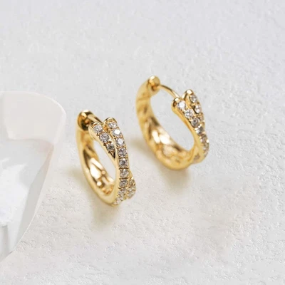 Cross Hoop Earrings Minimalist Moissanite Hoop Earrings 9K Yellow Gold Earrings - Image 1 of 4