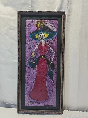 Pintura abstracta de medios mixtos La Calavera Catrina Día de Muertos enmarcada 20×9  Foto 1 de 4