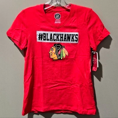 Chicago Blackhawks Girls' Red V-Neck Tee w/ Silver Glitter Screen - Large 10/12 - Image 1 of 4