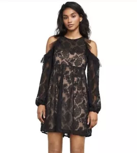 BCBG MAXAZRIA Cold Shoulder Black Floral Lace Dress Beige Size M - Picture 1 of 11