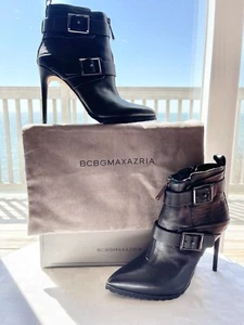 BCBGMaxAzria Alec Black Leather Buckled Combat Pointed Toe Stiletto Booties 8M - Picture 1 of 19