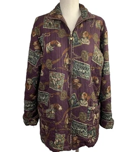 Vintage Funky print hunting scene dog equestrian quilt jacket Coat sz S Koret - Picture 1 of 8