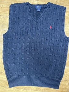 POLO by RALPH LAUREN Sweater Vest Boys Size L 14-16 Navy Blue Cable Knit Cotton - Picture 1 of 11