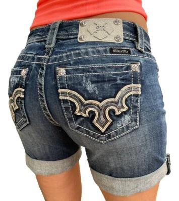 Miss Me Jeans Easy Fit Shorts Mid Rise Rhinestone Tribal Embroidered Denim 26 - Image 1 of 4
