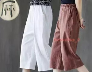 Straight Leg Wide Capri Pants Breathable Women Cotton Linen Blend Trousers New - Picture 1 of 28