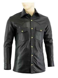 Leather Stylish Real Men's Shirt Black Handmade Lambskin Soft Party Casual Wear - Picture 1 of 6