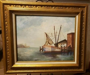 INEZ ROEBUCK TEXAS ARTIST FISH SHRIMP BOAT COASTAL SCENE 16" X 20" - Picture 1 of 11
