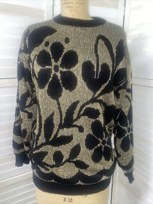 VINTAGE Jane Adams 80s Black Gold Oversized Sweater Preppy USA Made Sz Med / Lar - Image 1 of 4
