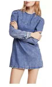BNWT Free People Self Control Puff Sleeve Denim Mini Dress UK 10 US 6 NEW - Picture 1 of 14