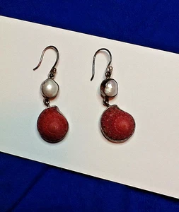 RED MALABAR SHELL & PEARL VINTAGE STERLING DANGLE EARRINGS 102525B - Picture 1 of 5