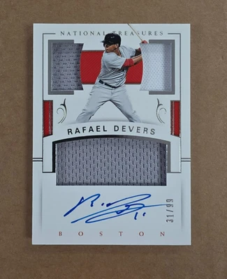 Tarjeta de camiseta automática 2018 Panini National Treasures de béisbol Rafael Devers/99 Foto 1 de 2
