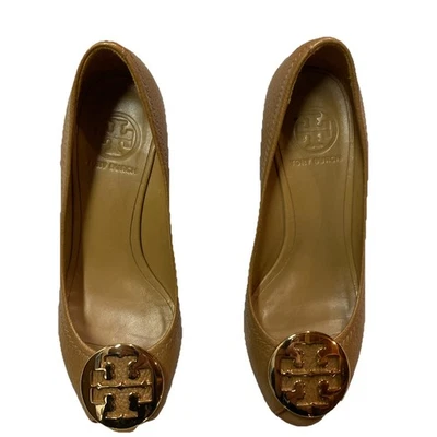 Zapatos de cuña Tory Burch Sally 2 de cuero caído punta abierta color tostado real talla 5,5 Foto 1 de 4