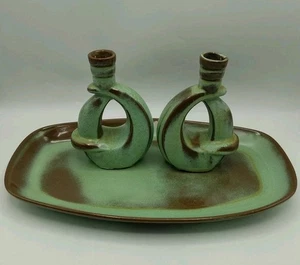 MCM Frankoma Prairie Green 305 Pair Of Candlesticks Candle Holder With Tray - Picture 1 of 22