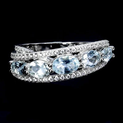 925 Sterling Silver Ring Oval Aquamarine 6x4mm Natural Gemstone Jewelry Size 7.5 - Image 1 of 4
