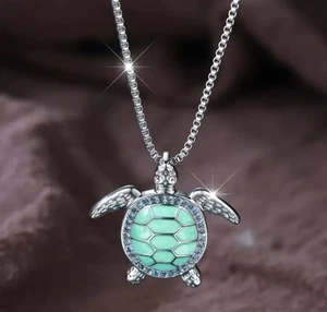 Vintage Cute Sea Turtle Pendant Necklace with Green Enamel & Cubic Zirconia - Picture 1 of 4