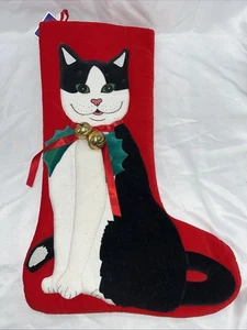 Calza natalizia gattino gatto occhi verdi in velluto bianco e nero con campanelle - Foto 1 di 14