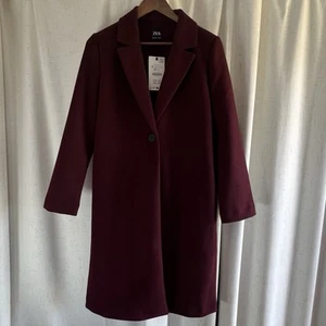 ZARA Women’s Soft Coat Burgundy Lapel Collar Long Sleeves Button Closure Sz S - Picture 1 of 9