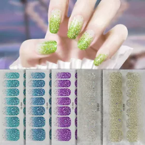 14 Tips Glitter Gradient Color Nail Sticker Self-adhesive Full Cover Nail Wraps - Picture 1 of 27
