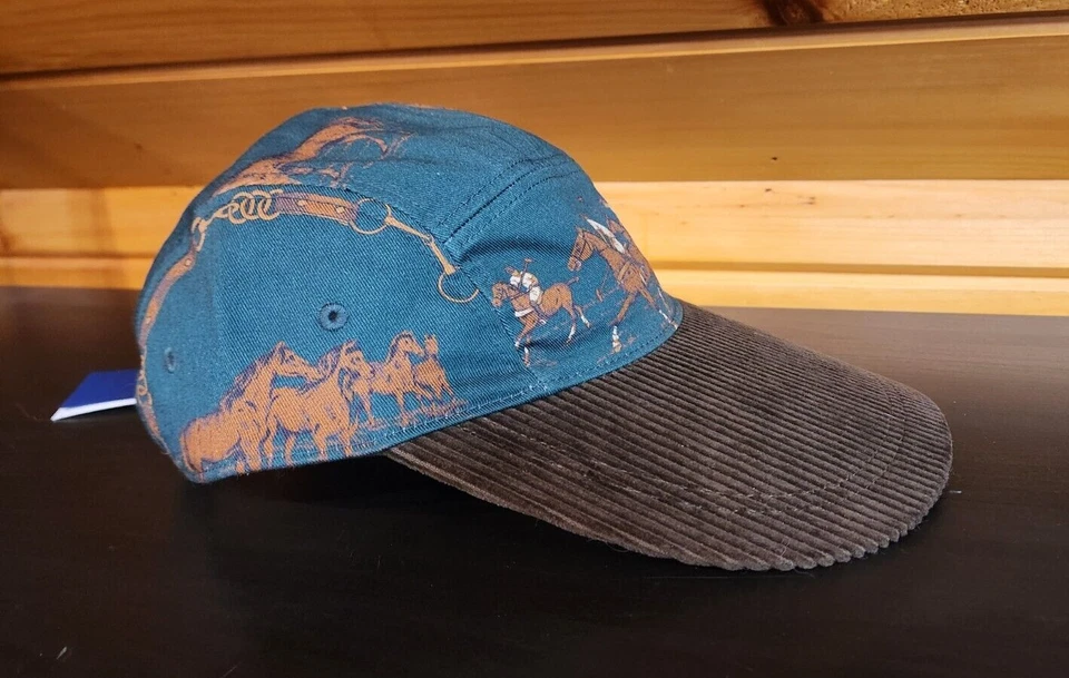 RARO POLO RALPH LAUREN Ecuestre Gráfico Largo Bill Sombrero 5 Paneles Gorra Pana NUEVO Foto 1 de 4