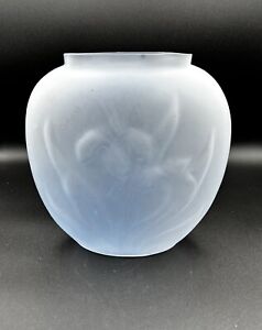 Vintage Light Blue Frosted Round Flat Floral Design Flower Vase Satin Glass 7.5"