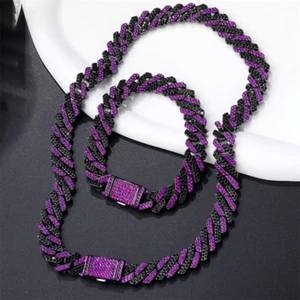 2Pc FULLY ICED Bling Rhodium Plated Purple Black CZ Cuban Link Necklace+Bracelet - Picture 1 of 37