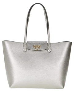 Salvatore Ferragamo Borsa da Viaggio 21-I376 NUOVA Platino Nero Argento Metallo Pelle - Foto 1 di 1