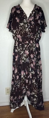 Lane Bryant Brown Floral Sleeve Flutter High Low Maxi Dress Fall Boho 22/24 - Image 1 of 4