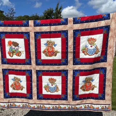 Handmade Patchwork Quilt Bedspread Teddy Bear Panels Size 61 X 68 Inches VGC - Image 1 of 4