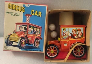 1950s Tin Wind-Up Circus Car Toy Merry Ball Blower KO New Old Stock Original Box - Picture 1 of 5