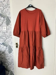 Terracotta Cotton Poplin Midi Dress Size 14 Tiered Prairie 3/4 Puff Sleeves Hols - Picture 1 of 5