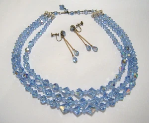 Vintage 50s Periwinkle Blue Aurora Borealis Crystal 3 Layers Necklace & Earrings - Picture 1 of 4
