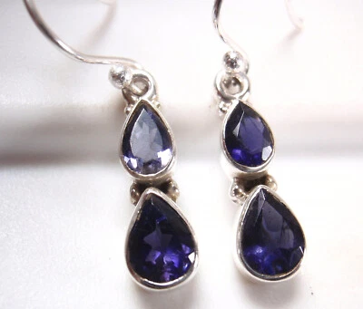 Faceted Iolite Double Gem 925 Sterling Silver Dangle Drop Earrings - Image 1 of 3
