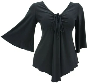 Gothic Flared Sleeve Stretch Black Floaty Top Ruched Ties V Neck Exclusive - Picture 1 of 4