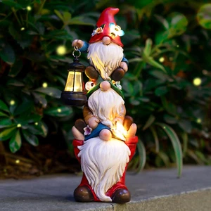 Garden Gnome Statue with Solar Lights Large Garden Sculptures Funny Triple Gnome - Picture 1 of 12