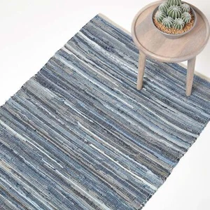 Recycled Blue Denim Chindi Rug Handwoven Eco Friendly Unique Striped Fabric Rug - Picture 1 of 36