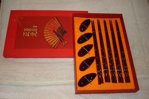 SUSHI MAHONY ASIAN 5 PIECES SET CHOPSTICKS WITH REST BY ZHENGYUAN NEW - Picture 1 of 2
