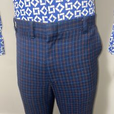 Vtg 60s 70s Mens Pants Polyester Navy Plaid Leisure Suit Disco Club Golf 38 28