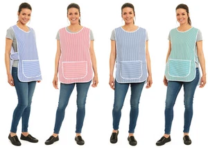 Ladies Stripe Design Piping Tabard Apron with Pocket Overall Kitchen Cleaning - Picture 1 of 22