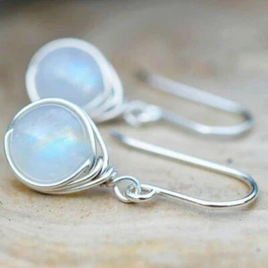 925 Silver Boho Natural Stone Moonstone Earrings Dangle Hook Drop Charm Women - Picture 1 of 4