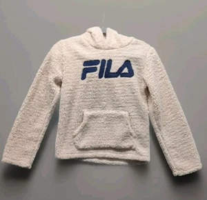 FILA Sherpa Fleece Hoodie Youth M 10 Cream Teddy Bear Sweatshirt Kangaroo Pocket - Picture 1 of 16