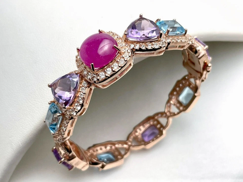 Pink Ruby, Amethyst, Blue Topaz, Bowtie Rose Gold Plated Sterling Silver Bangle - Image 1 of 4