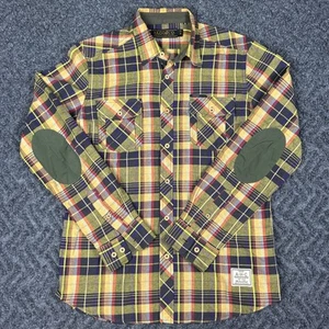 Akoo Flannel Shirt Men’s M Yellow Plaid Elbow Patches Sportsman Collection - Picture 1 of 7