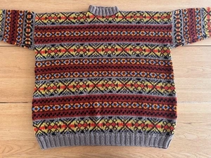 Vintage Fair Isle Jumper Sweater Hand Knitted Orange Yellow Blue XL - Picture 1 of 15