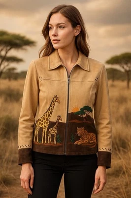 Chaqueta Quacker Factory Nueva con Etiquetas Para Mujer M Marrón Gamuza Cuero Safari Bordado Foto 1 de 4