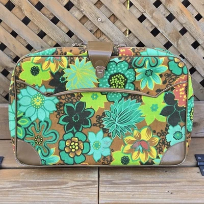 VTG 60s Bantam Floral Suitcase Travel Luggage Brown Avocado Green W/ Key Japan - Image 1 of 4