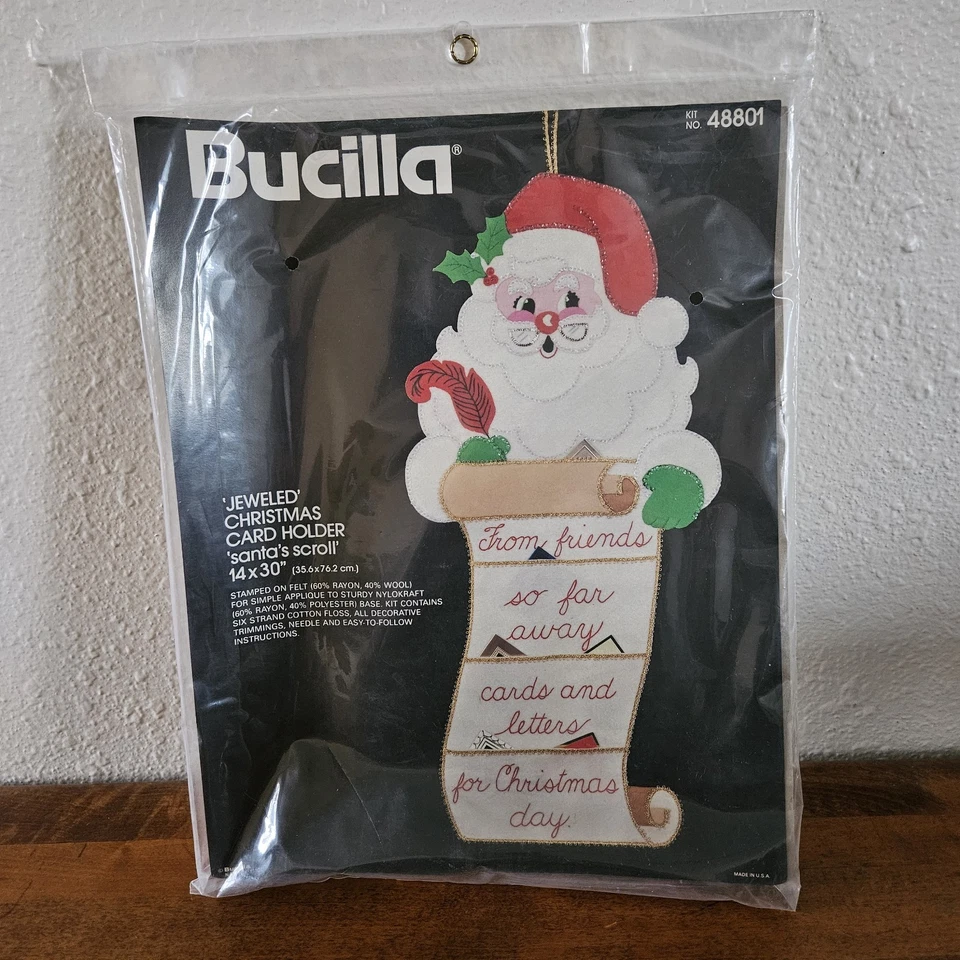 Bucilla Felt Jeweled Christmas Card Holder Santa's Scroll 48801