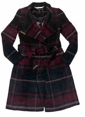 Ted Baker Skaalet Wool Blend Red Green Plaid Wrap Winter Trench Coat Sz 0 XS - Image 1 of 4