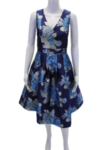 Eliza J Womens Metallic Floral V-Neck Sleeveless Fit & Flare Dress Blue Size 4 - Picture 1 of 6
