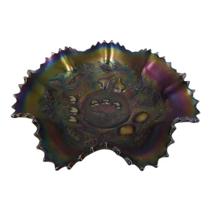 Northwood Carnival Glass 9" Ruffled Edge Bowl Pear Cherries Basketweave Amethyst - Picture 1 of 21